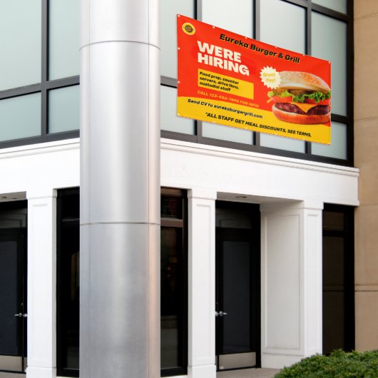 カスタマイズバーガーレストラン今採用 横断幕 (ビルの外側)