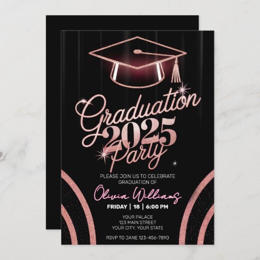 カスタマイズミニマリストピンクディナー卒業 招待状 (正面/裏面)