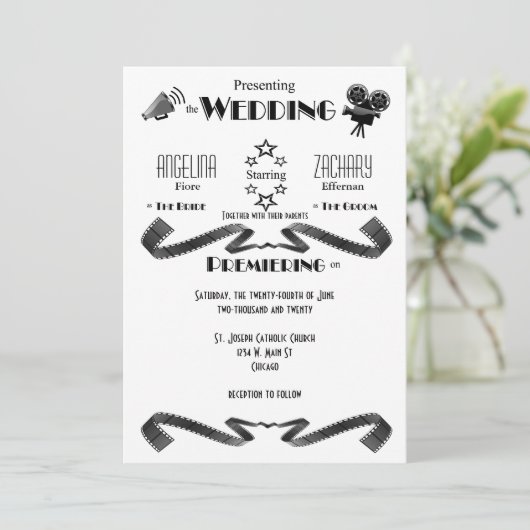 カスタマイズモダン映画バフ結婚式招待状 招待状 (スタンド正面)