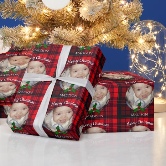 カスタマイズレッドクリスマスタータンチェックホリーtwig写真 ラッピングペーパー (クリスマス)