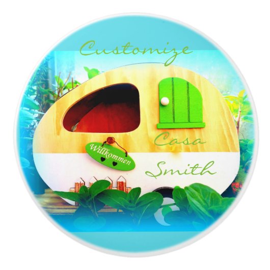 カスタマイズレトロのヴィンテージのキャンピングカーパターン青 セラミックノブ (正面)