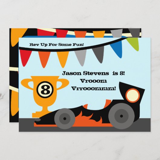 カスタマイズレースカーの誕生日の招待状 招待状 (正面/裏面)