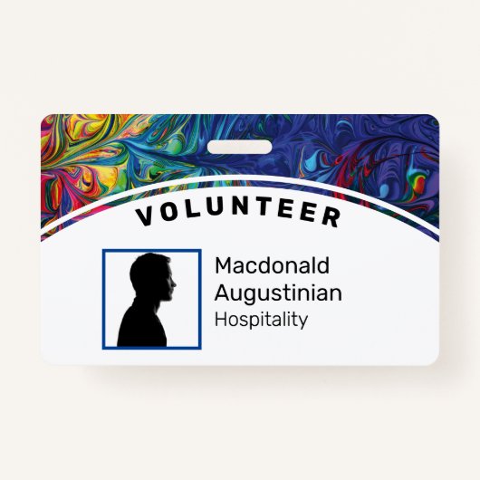 カスタマイズロゴ写真IDボランティア抽象芸術ブルー バッジ (正面)