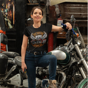 カスタマイズヴィンテージオートバイルート66ウィングデザイン Tシャツ