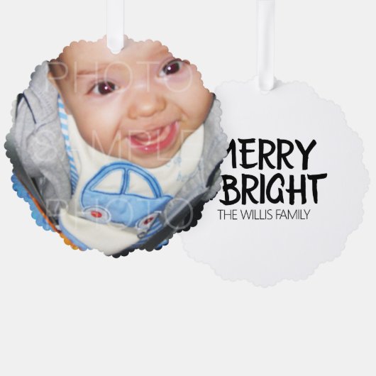 カスタマイズ写真と文字が明メリーるい オーナメントカード (正面/裏面)