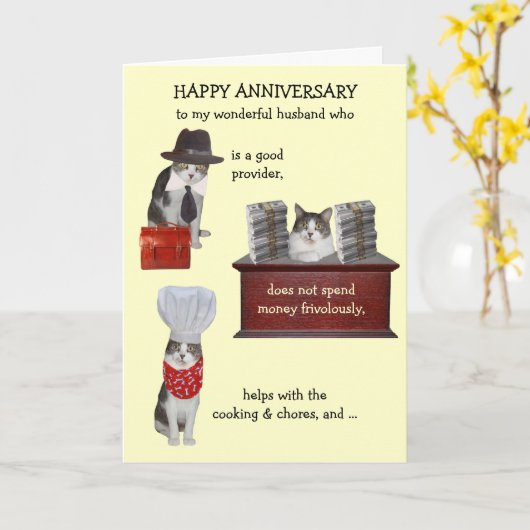 カスタマイズ可おもしろい能な猫のご主人の記念日 カード (黄色い花)