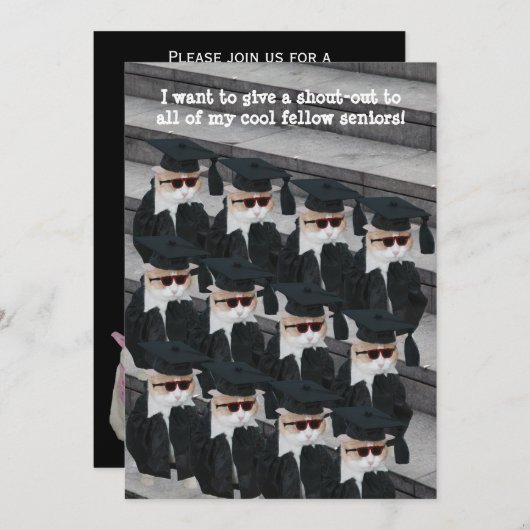 カスタマイズ可おもしろい能な猫の卒業パーティー 招待状 (正面/裏面)