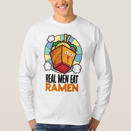カスタマイズ可実在能な男性食べラーメン Tシャツ (正面)