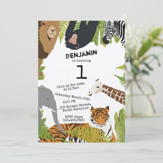 カスタマイズ可愛いジャングルアニマルズサファリ誕生日 招待状 (スタンド正面)