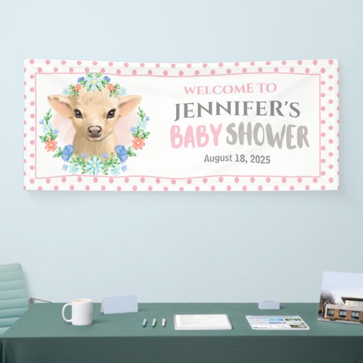カスタマイズ可愛い牛ピンクフローラ赤ちゃんシャワー 横断幕 (トレードショー)