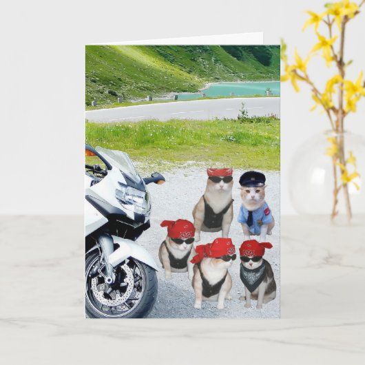 カスタマイズ可能でおもしろいなバイクもしくは自転車に乗る人猫の誕生日 カード (黄色い花)