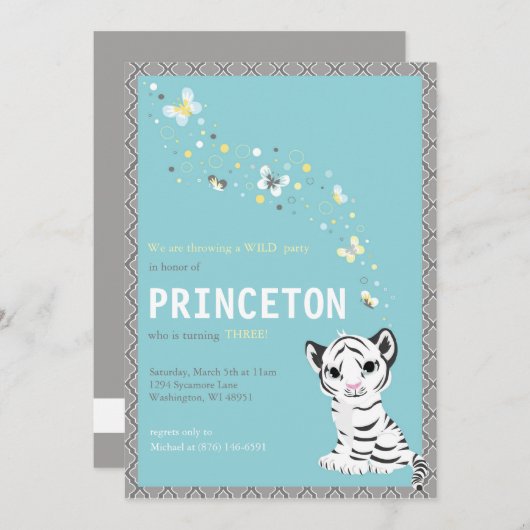 カスタマイズ可能で白いトラの誕生日の招待状 招待状 (正面/裏面)