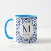 カスタマイズ可能で青および白く幾何学的なパターン マグカップ (左)
