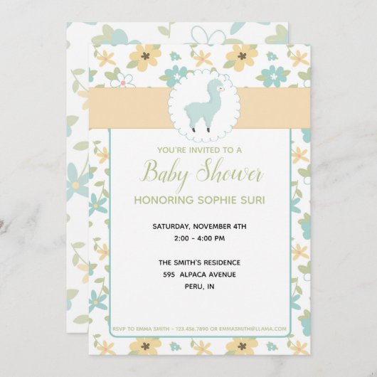 カスタマイズ可能で青く小さいラマのベビーシャワーの招待 招待状 (正面/裏面)