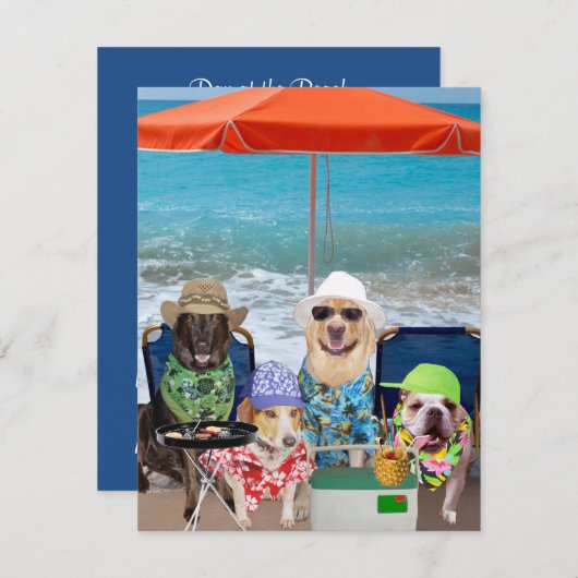 カスタマイズ可能なおもしろい犬招待状日のビーチ 招待状 (正面/裏面)
