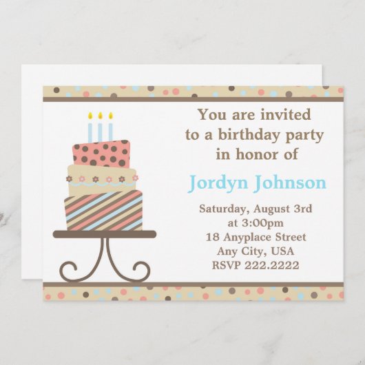 カスタマイズ可能なお誕生日ケーキパーティの招待状 招待状 (正面/裏面)