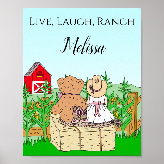 カスタマイズ可能なかわいいカウガールとテディベアの牧場 ポスター (正面)