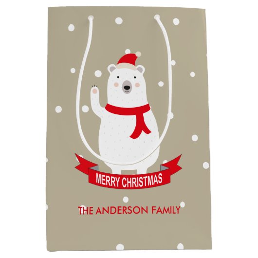 カスタマイズ可能なかわいいクリスマスの白くま ミディアムペーパーバッグ (正面)