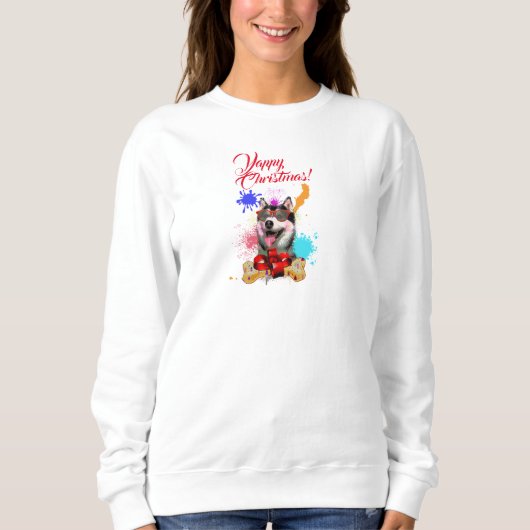 カスタマイズ可能なかわいいシベリアのハスキーのヤッピーのクリスマス スウェットシャツ (正面)