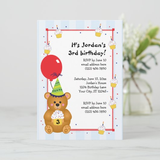 カスタマイズ可能なかわいいテディベア誕生日招待状 招待状 (スタンド正面)