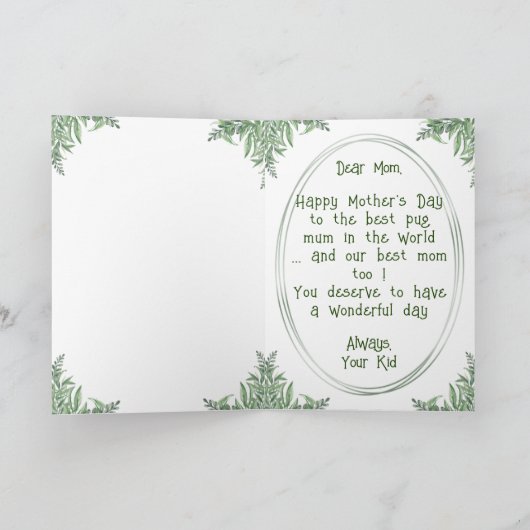 カスタマイズ可能なかわいいパグの母の日 カード (内部)