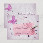 カスタマイズ可能なかわいいピンクの蝶のデザイン 招待状 (正面/裏面)