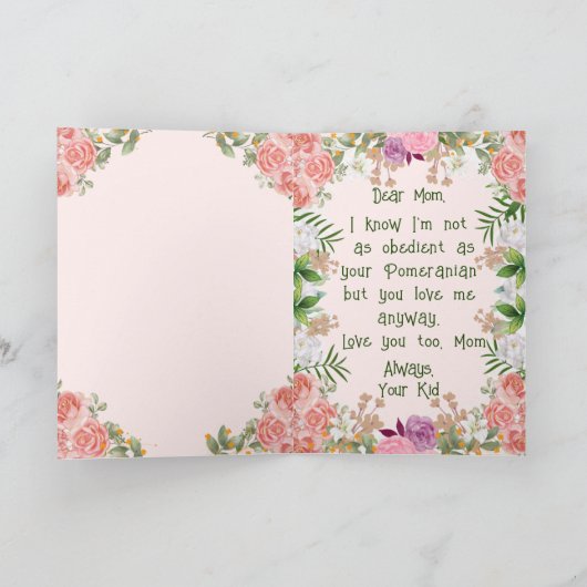 カスタマイズ可能なかわいいポメラニア犬母の日 カード (内部)