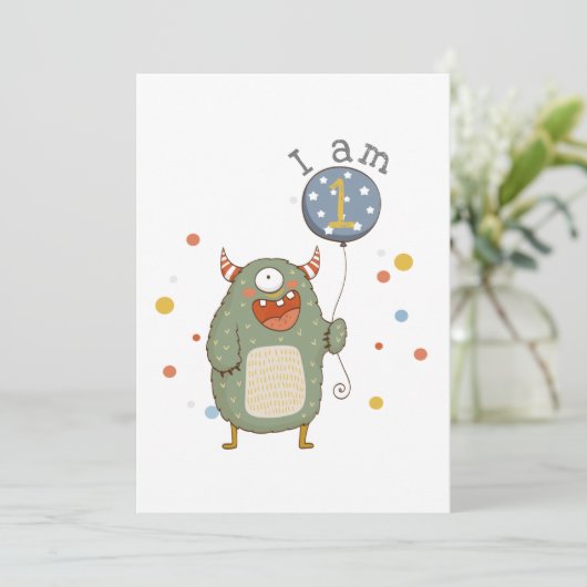 カスタマイズ可能なかわいいモンスター（バルーン付き）誕生日 招待状 (スタンド正面)
