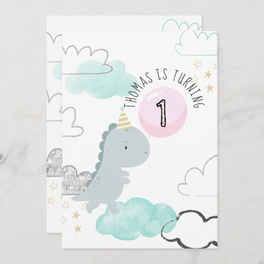 カスタマイズ可能なかわいい恐竜誕生日招待状 招待状 (正面/裏面)