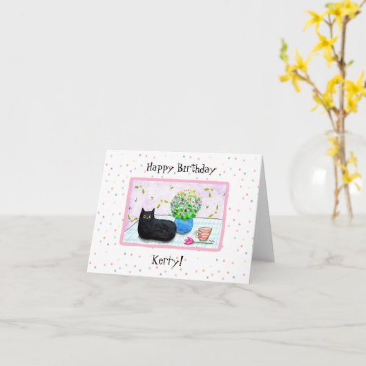 カスタマイズ可能なかわいい花生誕生月つき黒猫 カード (黄色い花)