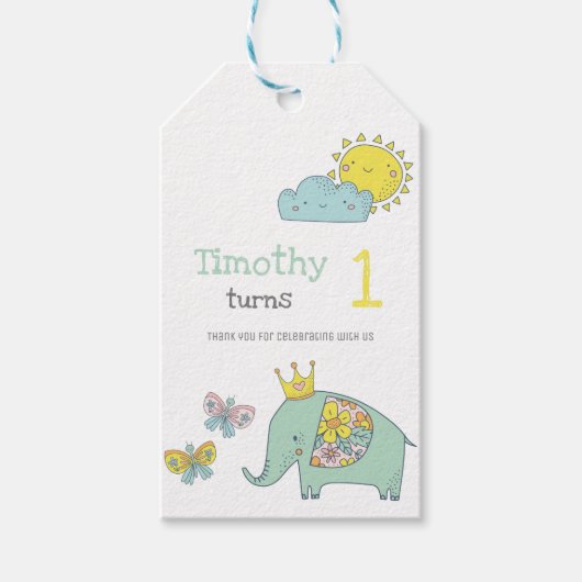 カスタマイズ可能なかわいい象と蝶 ギフトタグ (正面)