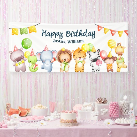 カスタマイズ可能なかわいい赤ちゃん動物 | 子供の誕生日 横断幕 (パーティー)