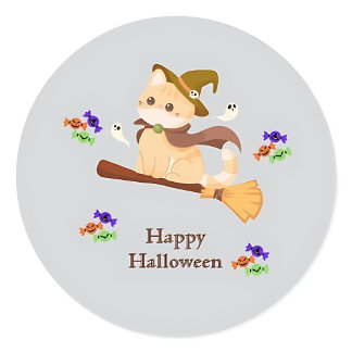 カスタマイズ可能なかわいい魔女猫ハロウィーンステッカー ラウンドシール
