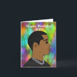 カスタマイズ可能なアフリカ系アメリカンソン誕生日 カード<br><div class="desc">このカラフル誕生日カードは、アフリカ系アメリカ人の若い父親が黒いTシャツとチェーンを《写真》ぼけ味の背景に着ているサイドプロフィールを備えている。このカードはカスタマイズ可能で感じ、自由にあなたの好みに文字を変更する。</div>