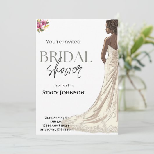 カスタマイズ可能なアフリカ系アメリカ人花嫁のブライズシャワー 招待状 (スタンド正面)