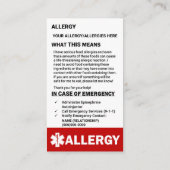 カスタマイズ可能なアレルギー警告カード 名刺 (裏面)