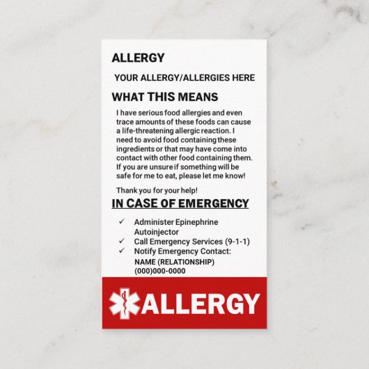 カスタマイズ可能なアレルギー警告カード 名刺 (裏面)