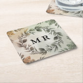 カスタマイズ可能なイニシャルリースエレガント- Monogram スクエアペーパーコースター (アングル)