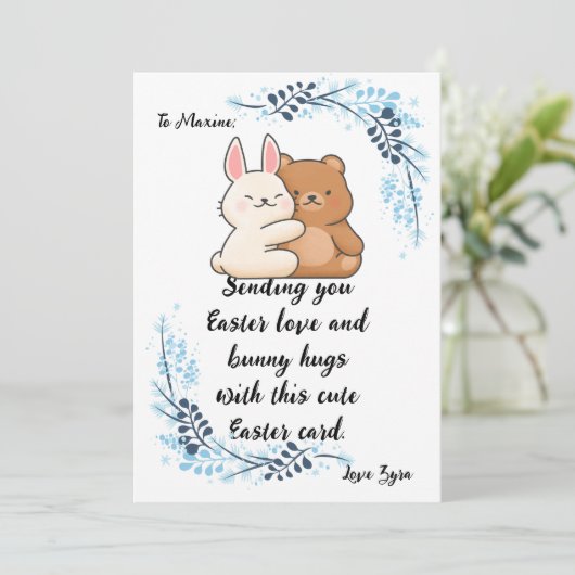 カスタマイズ可能なイースターバニーハググリーティングカード 案内状 (スタンド正面)