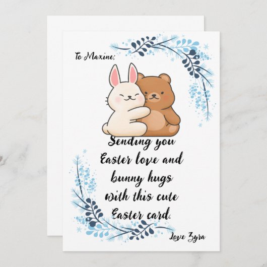 カスタマイズ可能なイースターバニーハググリーティングカード 案内状 (正面/裏面)