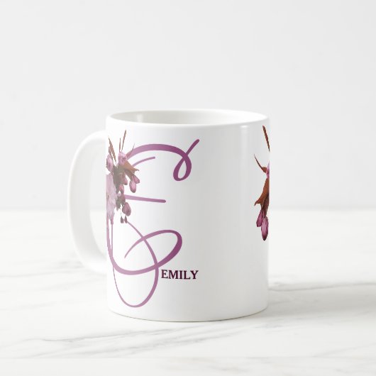 カスタマイズ可能なエミリー名さくらんぼの花のフローラガラス コーヒーマグカップ (正面左)