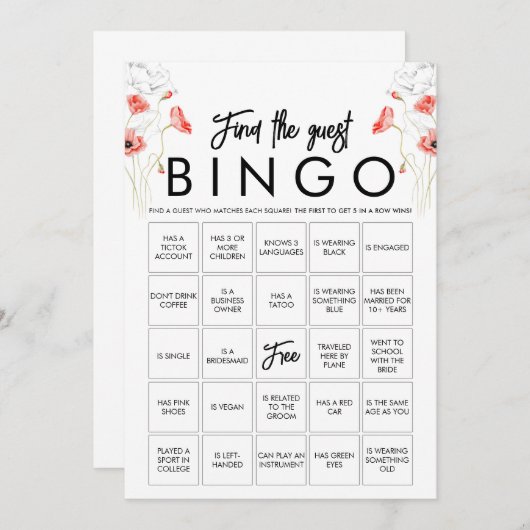 カスタマイズ可能なエレガントなワイルドフラワービンゴゲームカード 招待状 (正面/裏面)