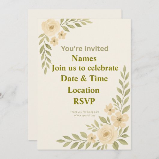 カスタマイズ可能なエレガントな花の結婚式招待状テンプレート 招待状 (正面/裏面)