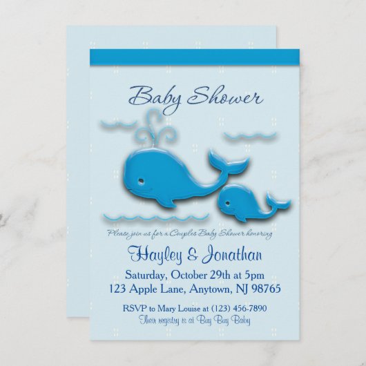 カスタマイズ可能なカップルのクジラの赤ちゃんシャワー 招待状 (正面/裏面)