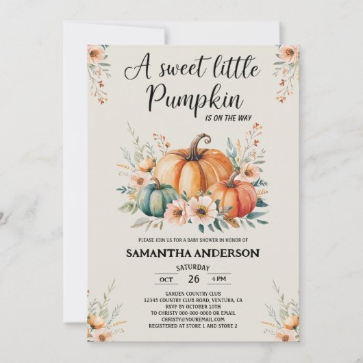 カスタマイズ可能なカボチャ赤ちゃんシャワー 招待状 (正面)