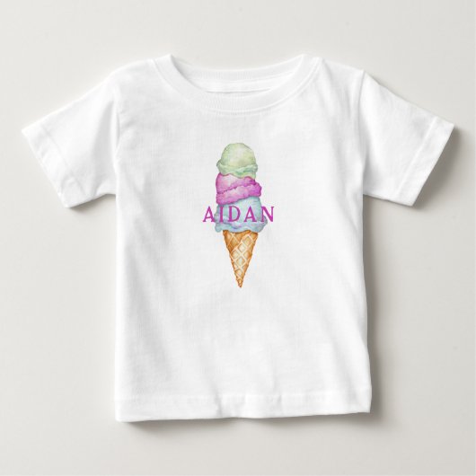 カスタマイズ可能なカラフルなアイスクリームコーンの名前入り ベビーTシャツ (正面)