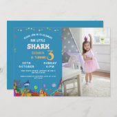 カスタマイズ可能なカラフルフォトリトルシャーク誕生日 招待状 (正面/裏面)