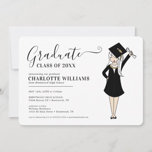 カスタマイズ可能なガールアバター |高校卒業 招待状 (正面)