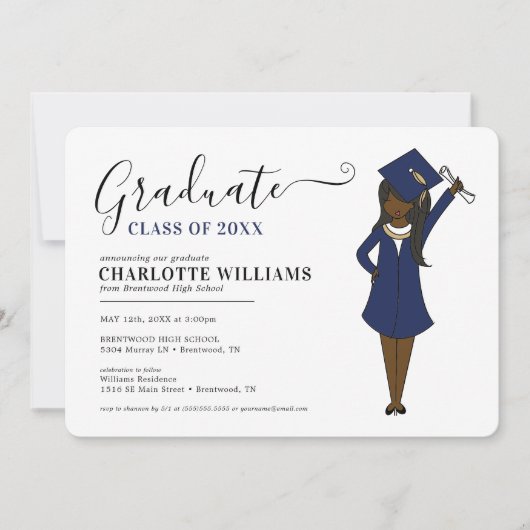 カスタマイズ可能なガールアバター |高校卒業 招待状 (正面)