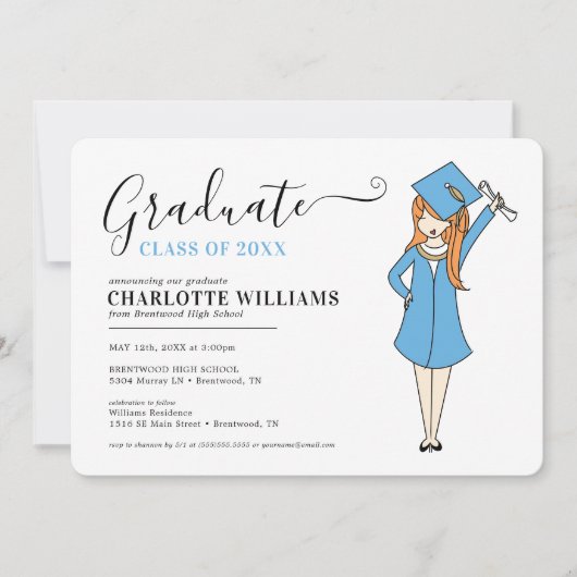 カスタマイズ可能なガールアバター |高校卒業 招待状 (正面)